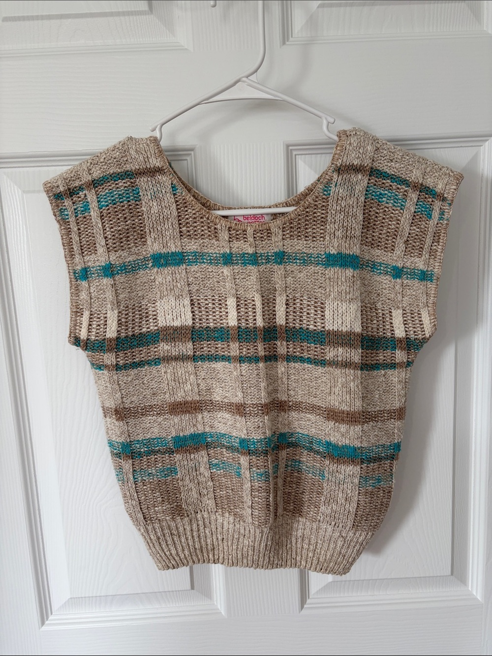 Knit Crew Sweater Vest in Beige with Teal Stripes